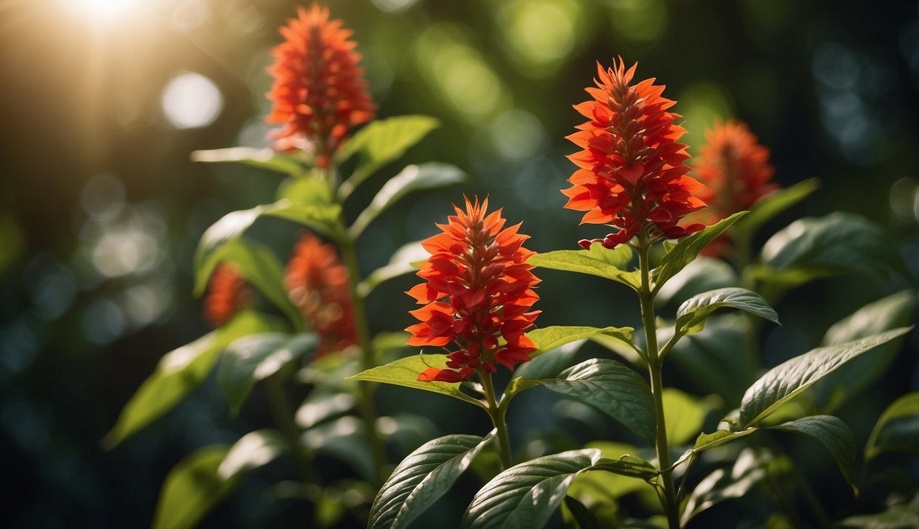A vibrant Cigar Plant with fiery red flowers stands tall against a backdrop of lush green foliage, showcasing its unique and captivating beauty