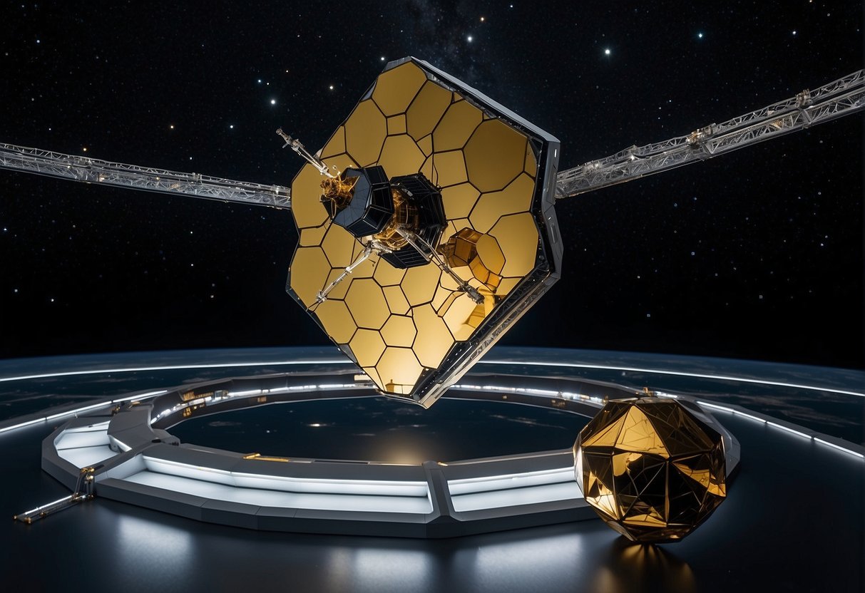 The James Webb Space Telescope floats in the vastness of space, its golden mirrors reflecting the distant stars and galaxies, while its intricate instruments and imaging technology eagerly await their next scientific discovery