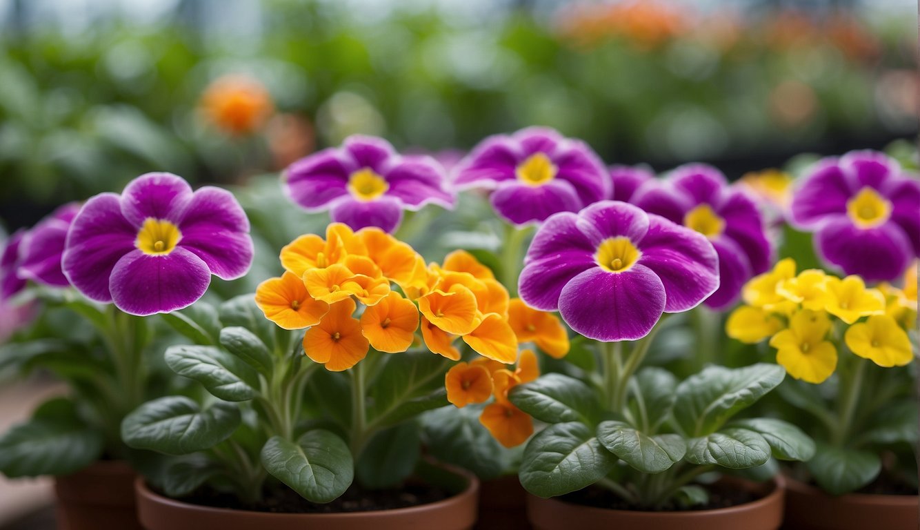 A colorful array of Cape Primrose plants, with velvety leaves and delicate flowers, are being propagated through leaf cuttings in a bright and airy greenhouse setting