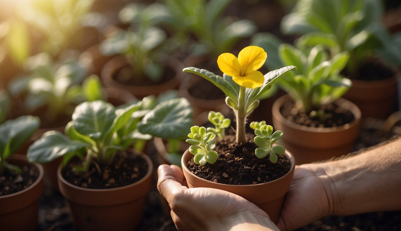 A hand holding a small potted Cape Primrose, surrounded by propagation tools, soil, and a care guide. Bright light illuminates the scene