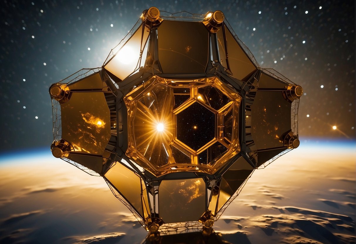 The James Webb Space Telescope orbits in deep space, its golden mirrors reflecting the distant stars. The telescope's intricate panels and instruments glisten in the sunlight, a beacon of hope for the future of scientific discovery