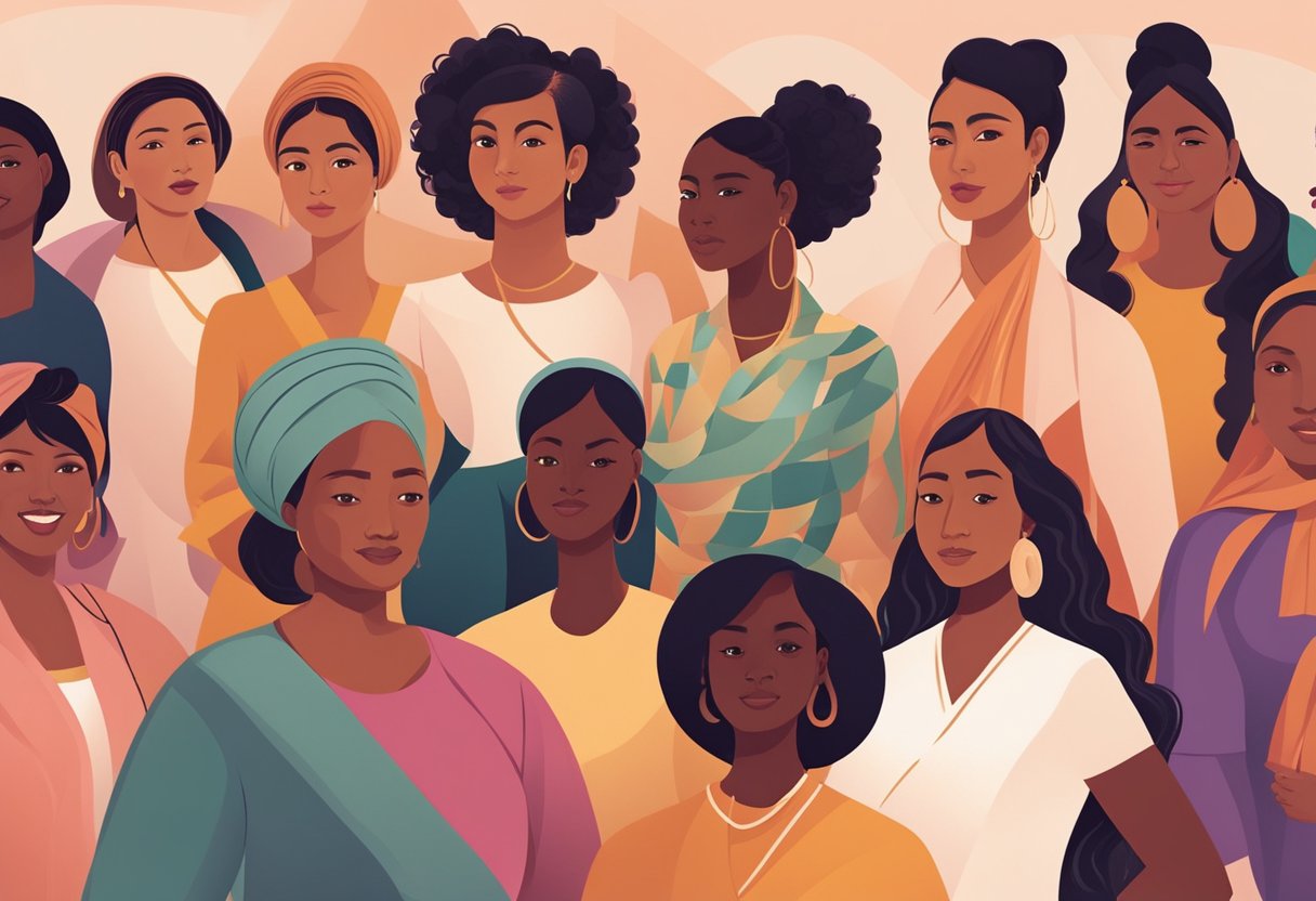 A diverse group of women from different cultures and backgrounds come together to celebrate International Women's Day, highlighting the achievements and progress of women throughout history and in modern times