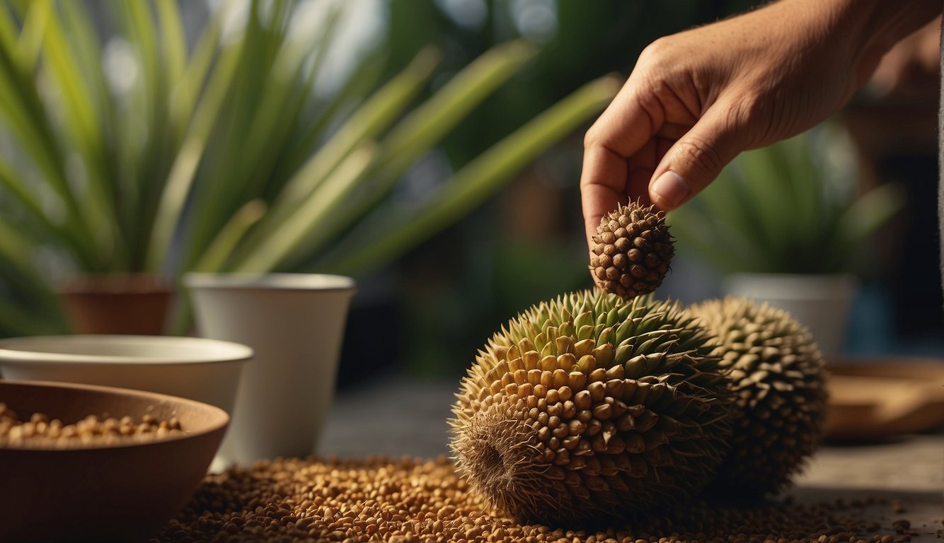 A sago palm cone is carefully removed and its seeds are extracted and cleaned. The seeds are then planted in a well-draining potting mix and kept in a warm, humid environment to encourage germination