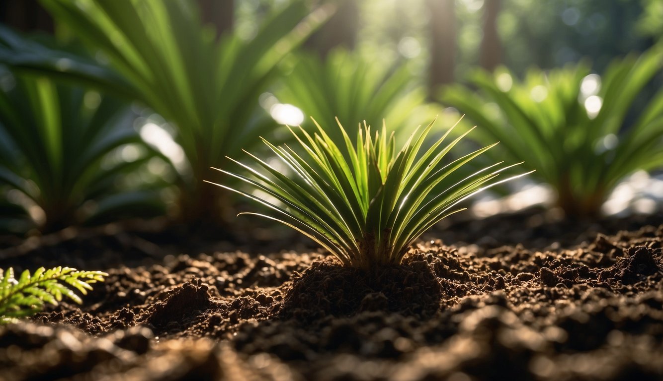A sago palm seedling emerges from the soil, surrounded by lush green foliage. The sunlight filters through the canopy, casting dappled shadows on the forest floor