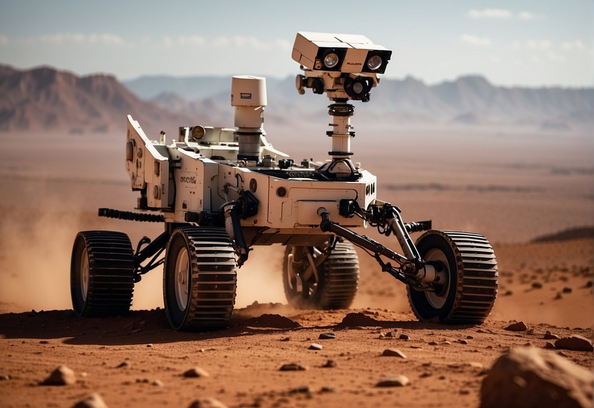 The Curiosity Rover sits on the rugged Martian terrain, its robotic arm extended to examine the red soil. The dusty horizon stretches out behind it, hinting at the vastness of the alien landscape