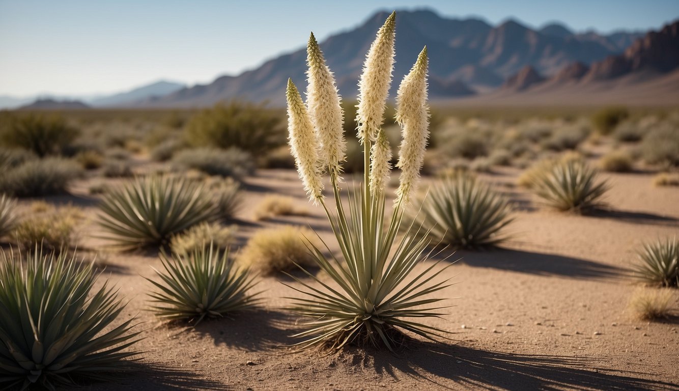 A mature yucca plant stands tall in a barren desert landscape. Its long, slender leaves gracefully arch upwards, while small offshoots emerge from the base, showcasing the simplicity of yucca propagation