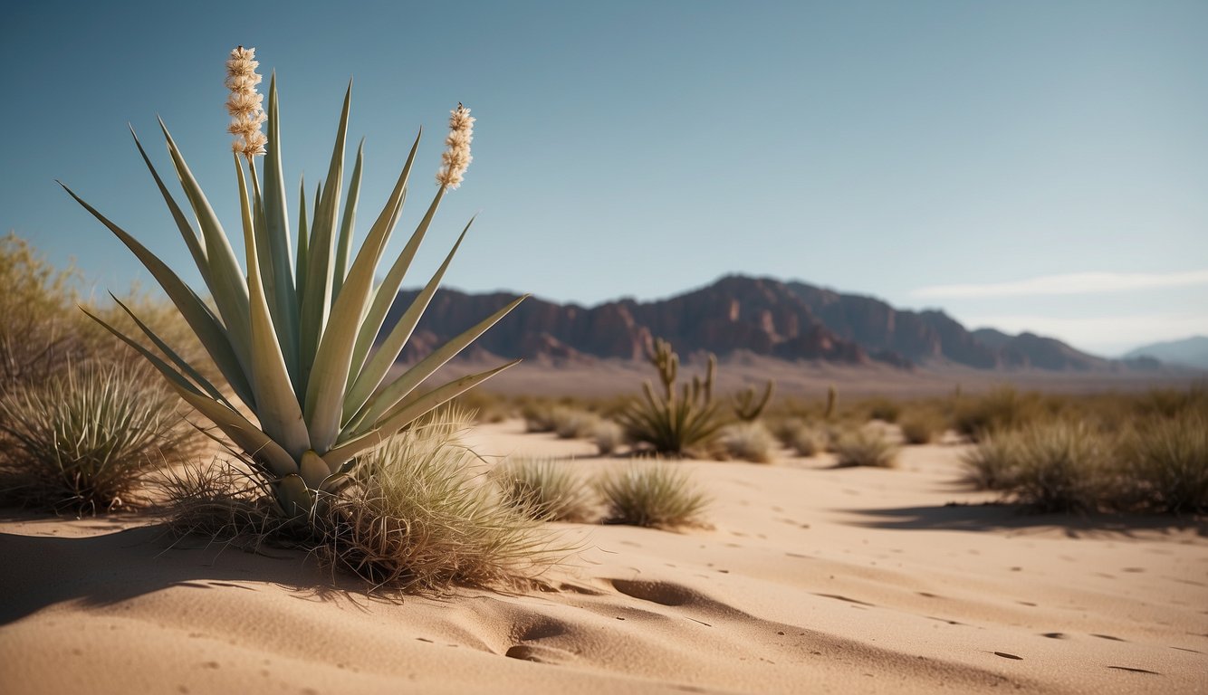 A yucca plant with long, slender leaves stands tall in the arid desert landscape, surrounded by sand and rocks. A few smaller yucca plants are scattered in the background, adding to the sense of desert elegance