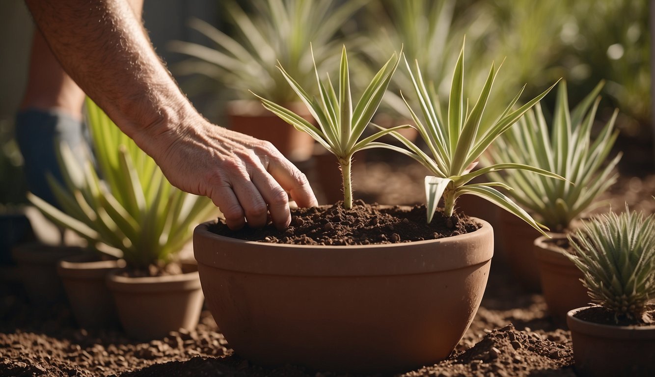A hand gently places a yucca cutting into a pot of well-draining soil, ensuring the stem is buried and the leaves are exposed. The pot sits in a sunny location, and the soil is watered sparingly to encourage root growth
