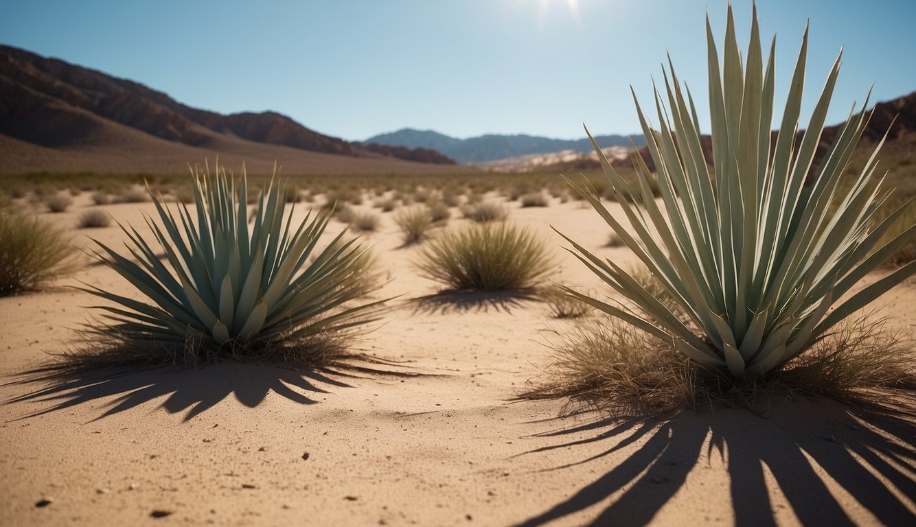 A yucca plant surrounded by sandy desert terrain, with a clear blue sky and the sun casting long shadows