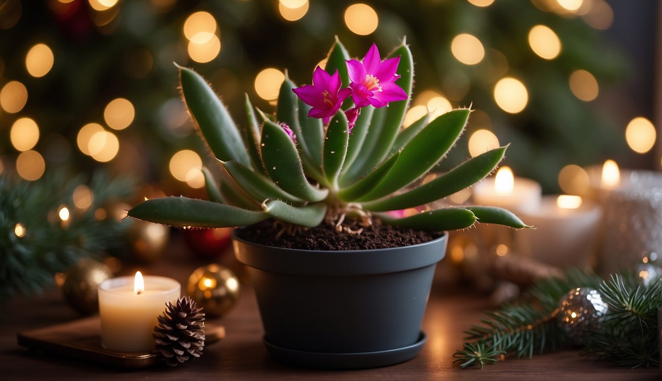 A Christmas cactus cutting is placed in a pot of moist soil, surrounded by festive holiday decorations and twinkling lights