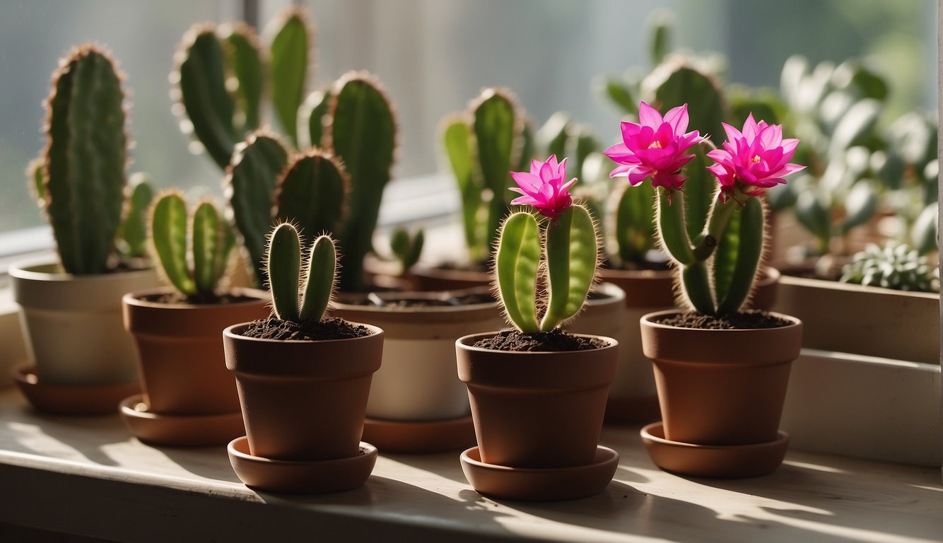 A Christmas cactus sits on a sunny windowsill, surrounded by small pots of soil and a pair of gardening scissors. A few healthy cuttings lay nearby, ready to be planted and nurtured