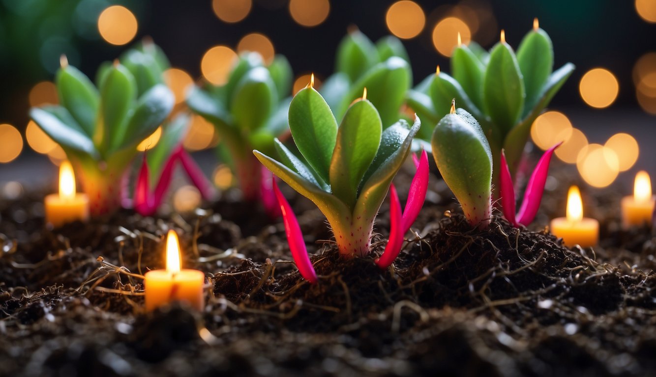 Vibrant Christmas cactus cuttings placed in moist soil, surrounded by festive holiday decorations and twinkling lights