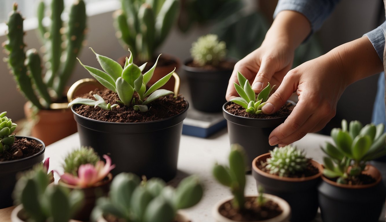 A pair of hands carefully trims a healthy Christmas cactus. A small pot filled with soil and a few cuttings sit nearby, ready to be planted. The room is filled with warm, natural light, creating a peaceful and nurturing atmosphere