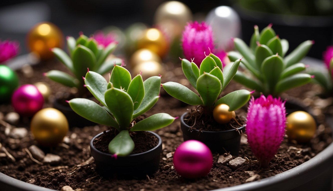 A Christmas cactus surrounded by festive decorations, with cuttings being carefully placed in soil for propagation