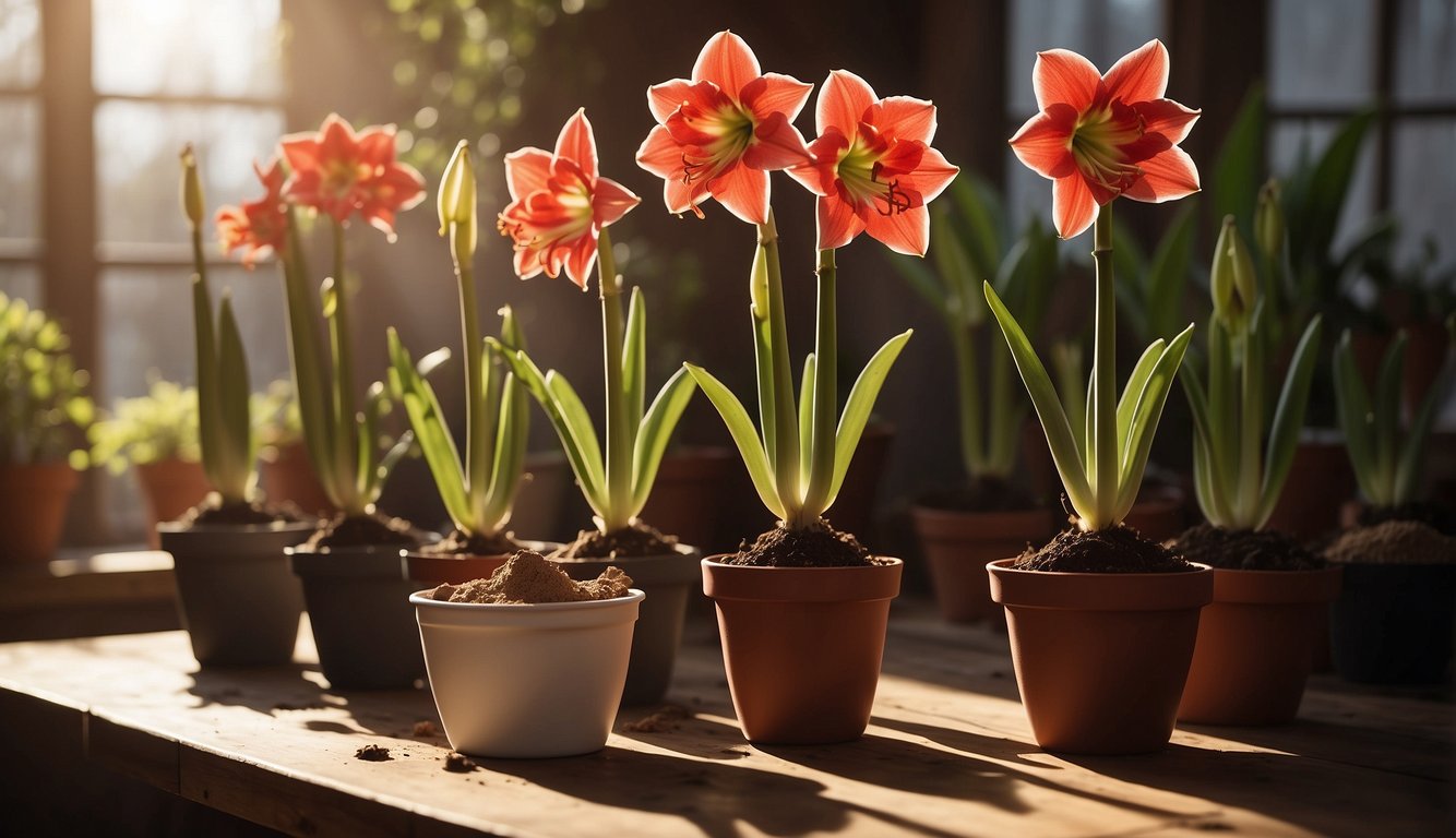 Amaryllis bulbs sit on a table surrounded by pots, soil, and gardening tools. A ray of sunlight streams in, casting a warm glow on the vibrant red blooms