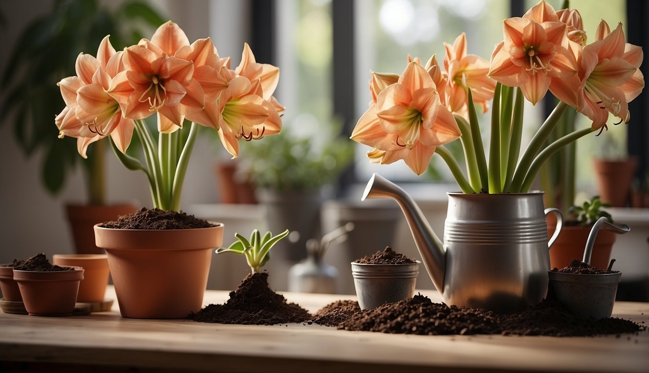 Amaryllis bulbs, soil, pots, and watering can on a table for propagation guide illustration