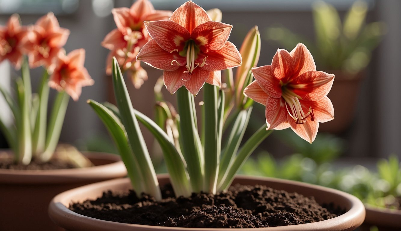 Amaryllis bulb placed in a pot with well-draining soil, watered lightly, and kept in a warm, sunny location for propagation
