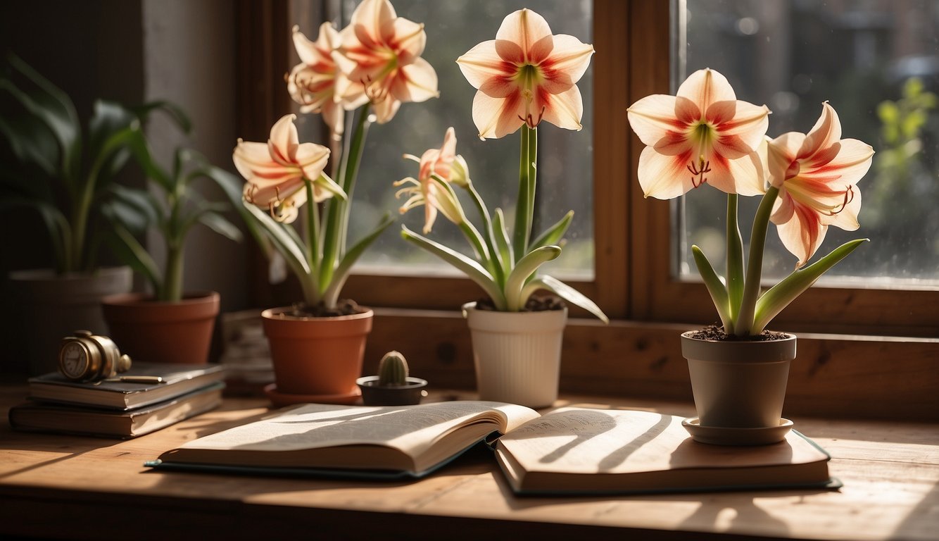 Amaryllis bulbs on a wooden table with a propagation guide book and gardening tools nearby. Bright light streaming in from a nearby window