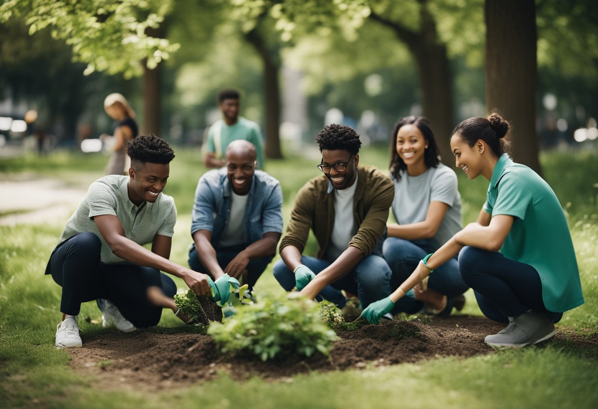 Um grupo de diversos indivíduos se reúne em um espaço verde, plantando árvores e limpando o lixo. Eles se envolvem em discussões sobre envolvimento comunitário e preservação ambiental.