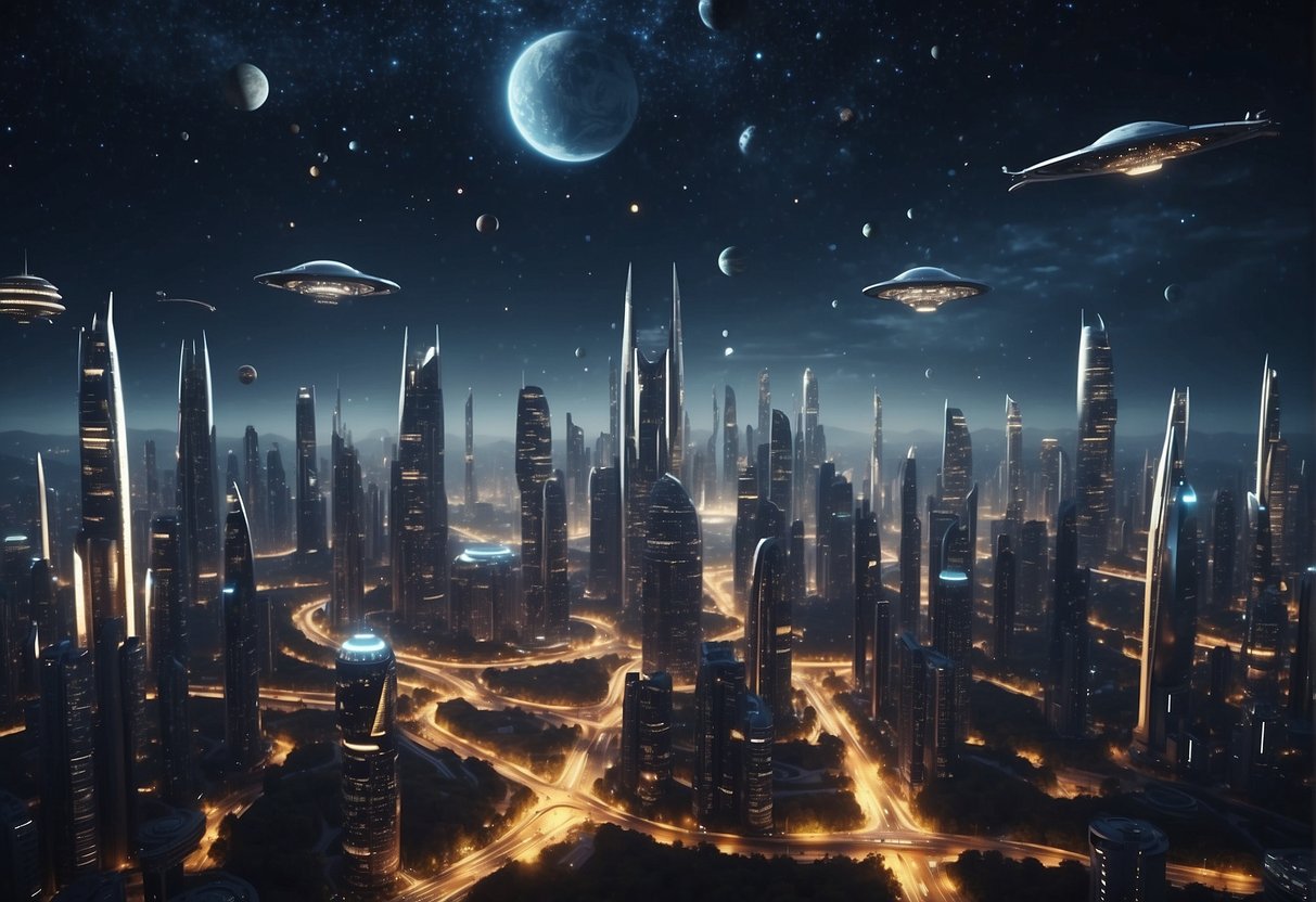 A futuristic cityscape with sleek, advanced buildings and flying vehicles, surrounded by a backdrop of stars and planets