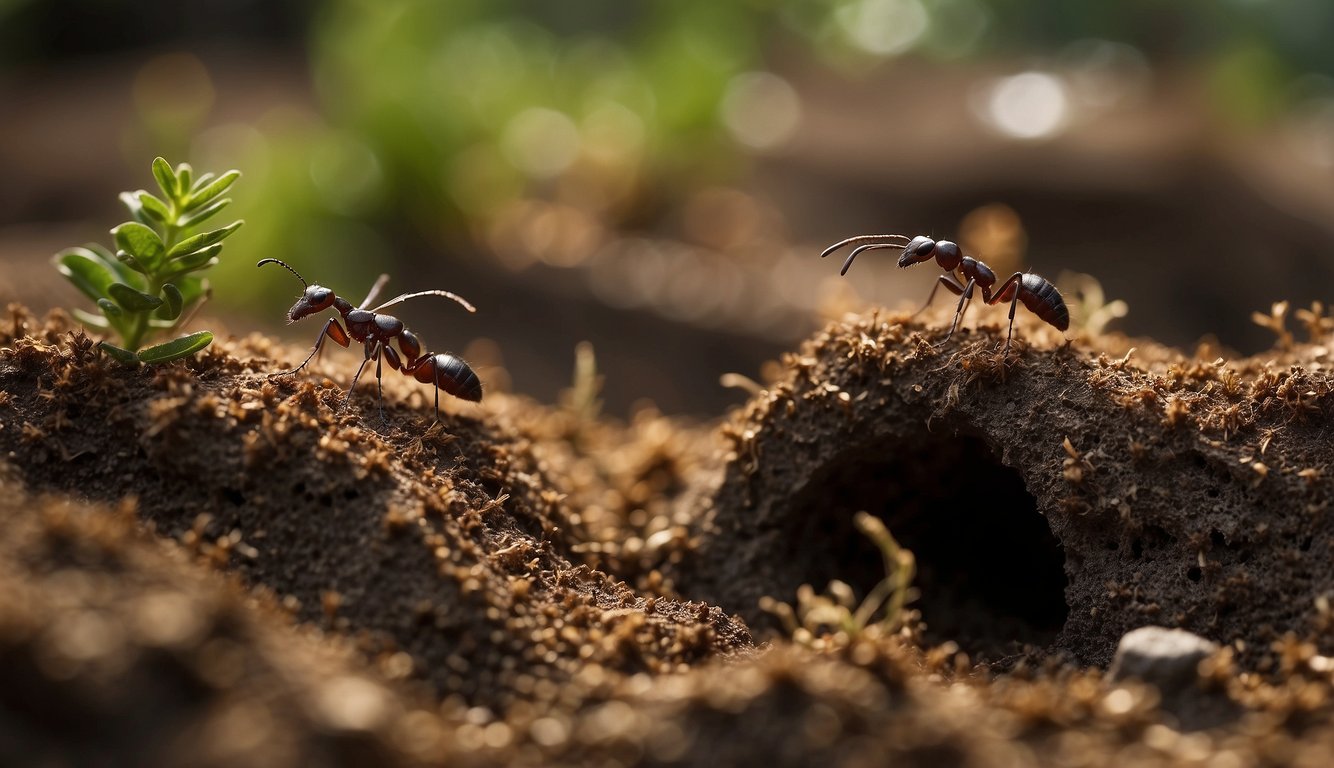 A bustling ant colony constructs intricate tunnels and chambers beneath the earth, showcasing their incredible architectural abilities