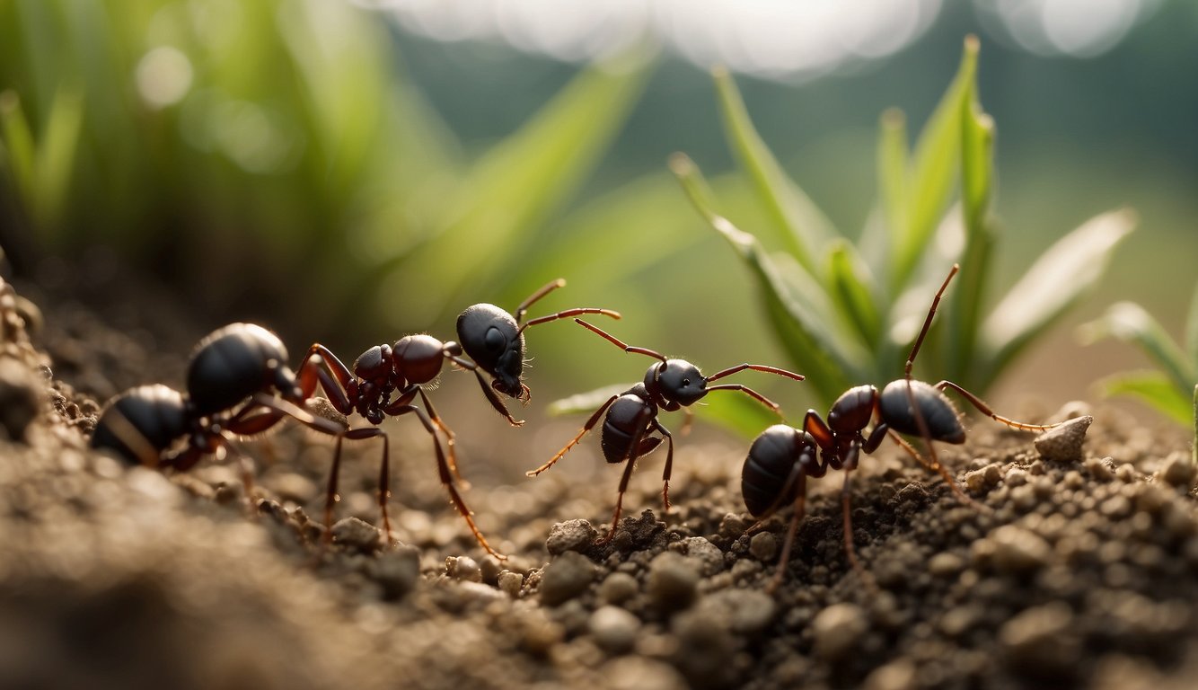 Ants constructing intricate tunnels underground, moving soil and debris with impressive strength and precision.

Their teamwork and engineering skills shape the ecosystem