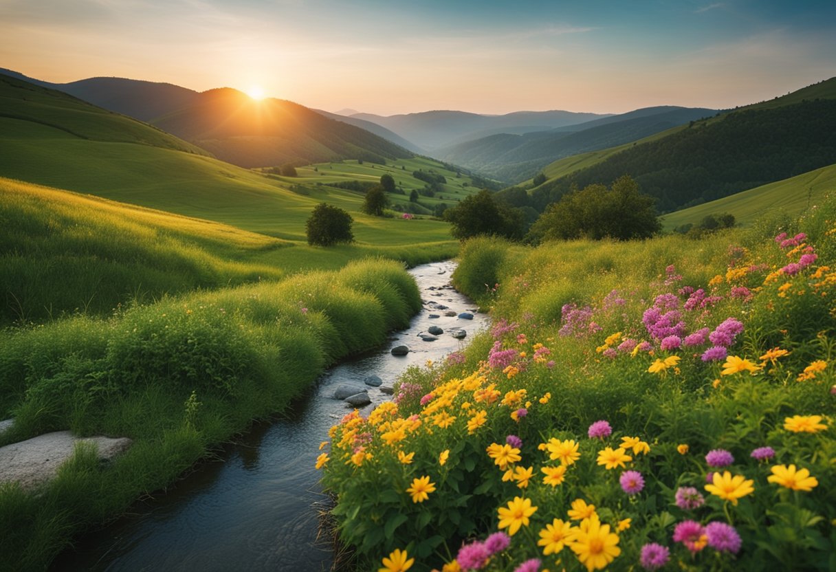A serene landscape with a vibrant sunrise over rolling hills and a peaceful river, surrounded by lush greenery and colorful flowers