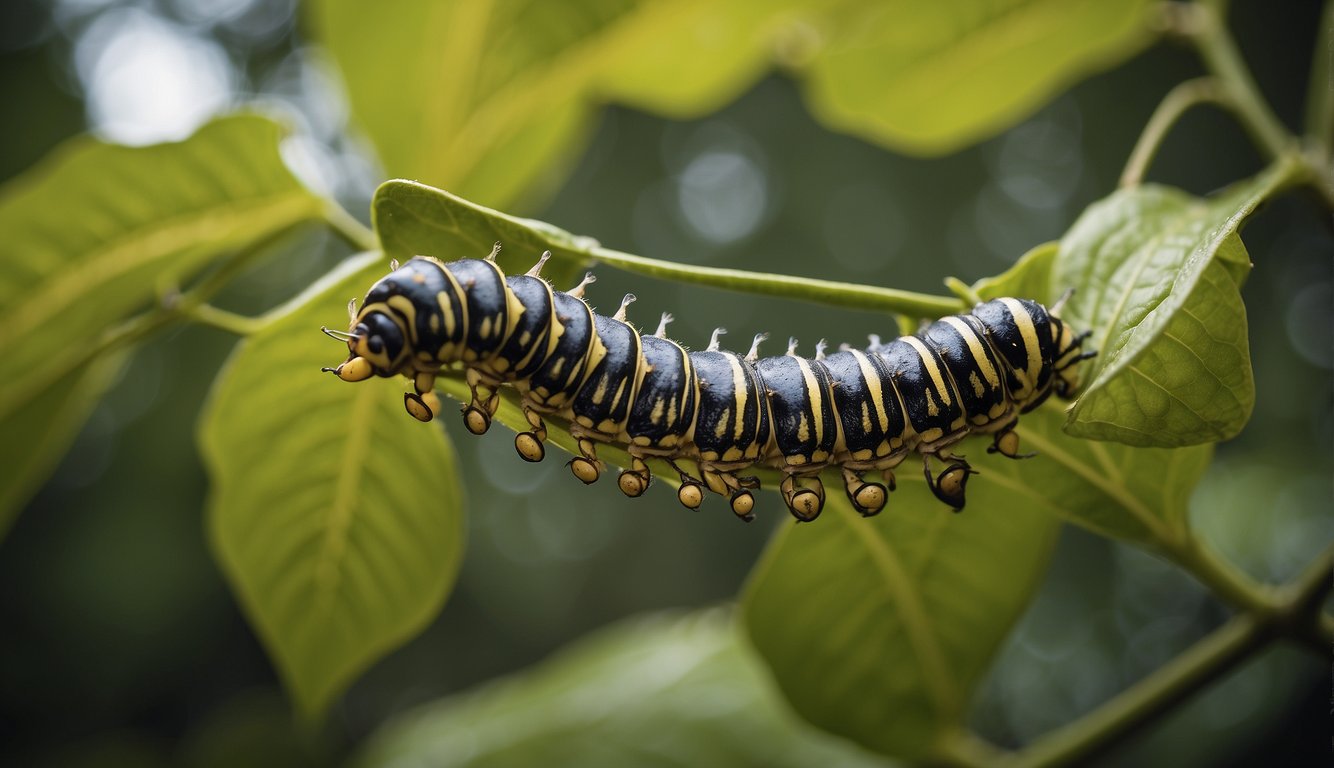 A caterpillar hangs from a leaf, shedding its skin to reveal a chrysalis.

Inside, a butterfly forms, ready to emerge