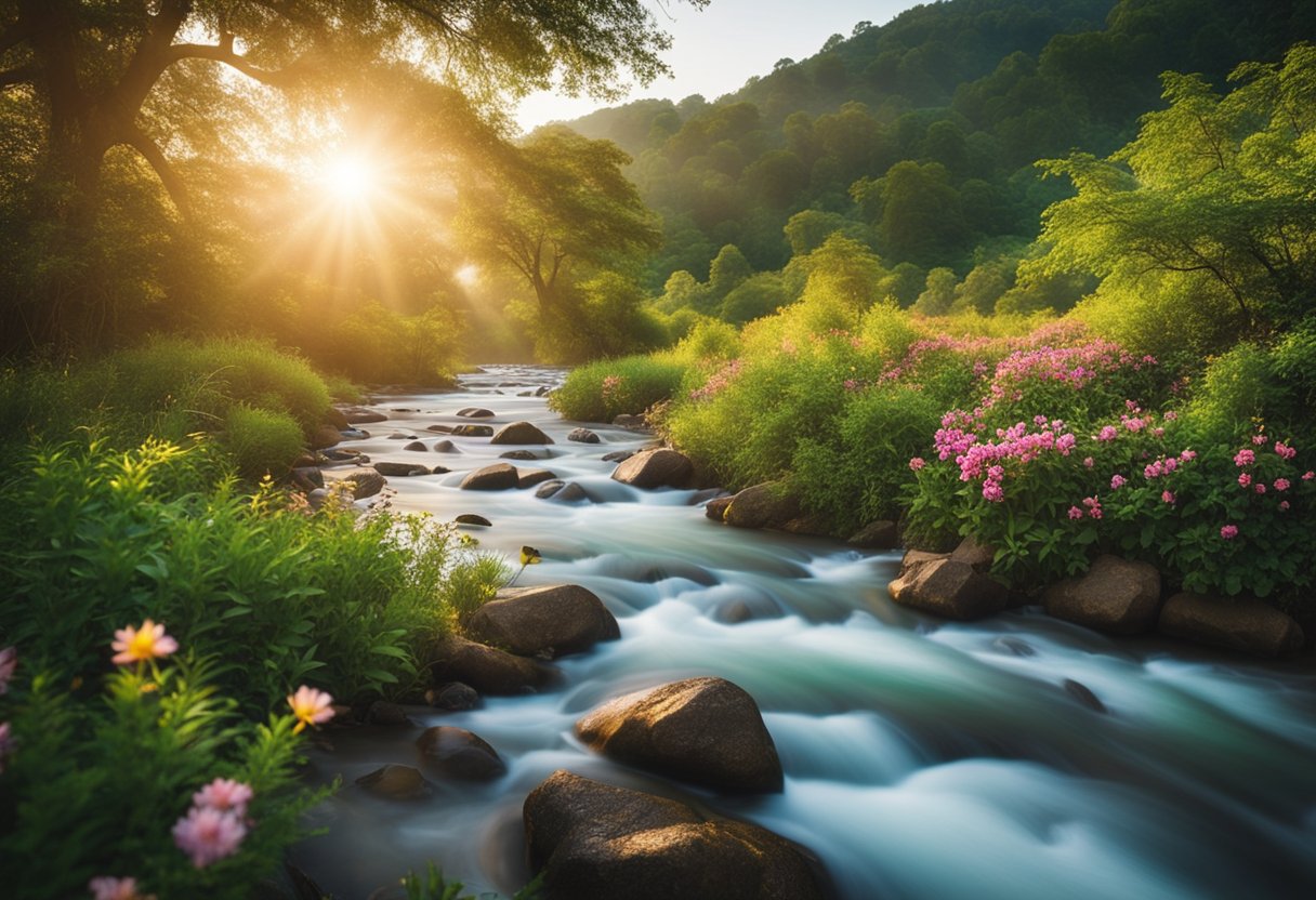 A serene landscape with a vibrant sunrise, blooming flowers, and a flowing river, surrounded by lush greenery and colorful wildlife