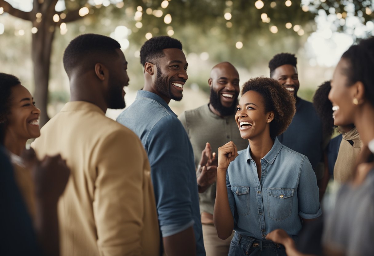 A group of diverse people engage in meaningful conversations, forming strong connections. Smiles and laughter fill the air, creating a sense of warmth and happiness