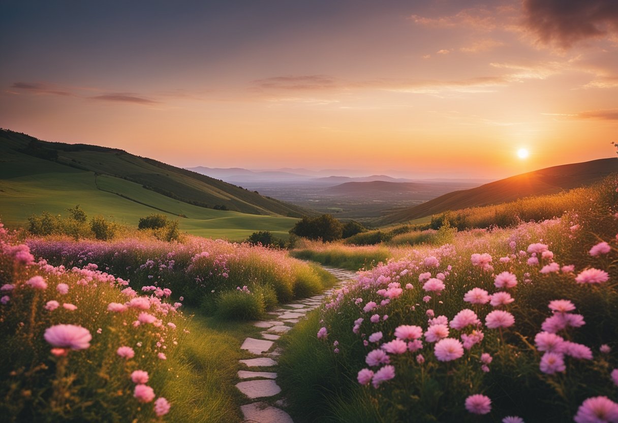 A serene landscape with a vibrant sunset, blooming flowers, and a winding path leading towards a peaceful, tranquil setting