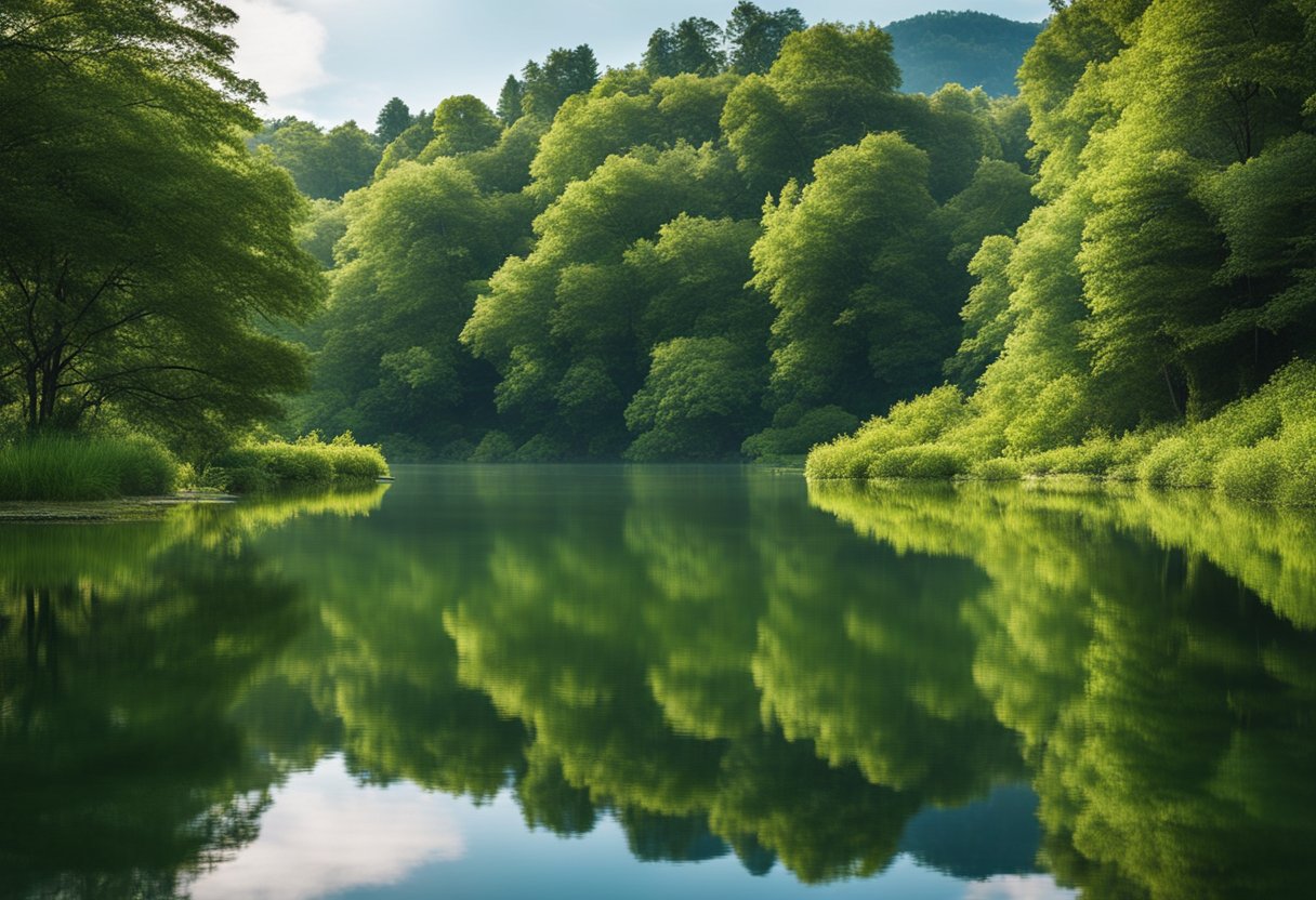 A serene landscape with lush greenery, a tranquil lake, and a clear blue sky, evoking a sense of peace and happiness