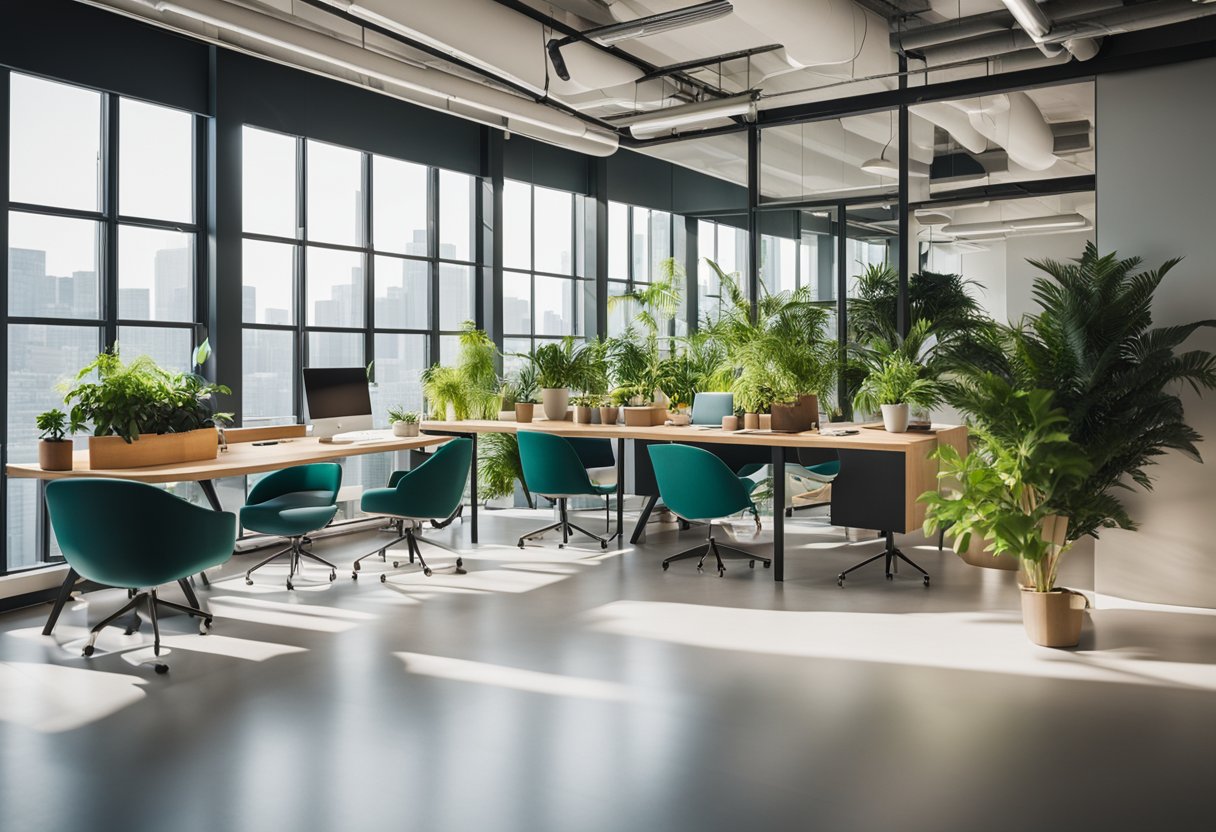 A vibrant office space with natural light, green plants, and smiling faces. Productivity and happiness are evident in the air