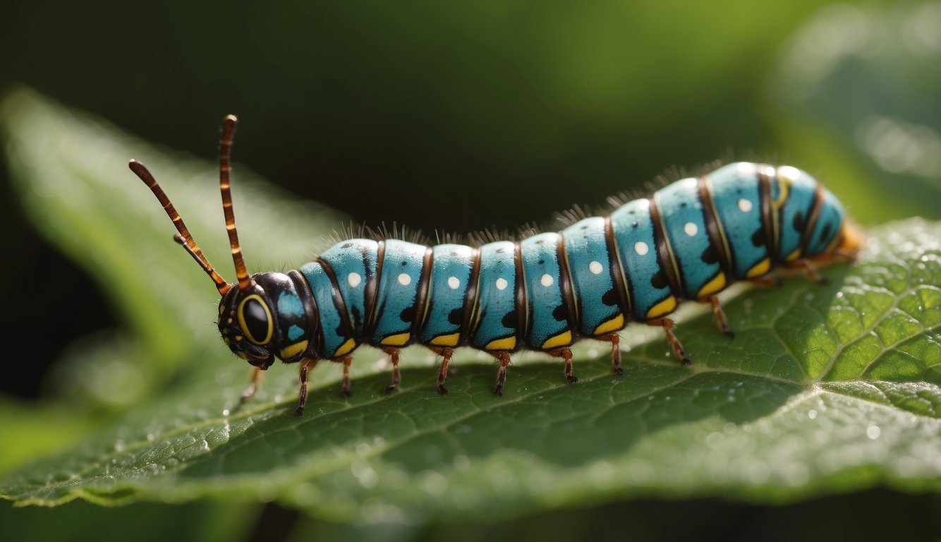 A caterpillar munches on a leaf, then forms a chrysalis.

Inside, it transforms into a colorful butterfly, emerging to flutter and feed on nectar