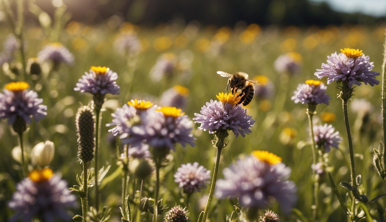 A field of colorful wildflowers, with bees buzzing from flower to flower, collecting nectar and pollinating the plants.

The sun is shining, and the air is filled with the sound of their busy activity