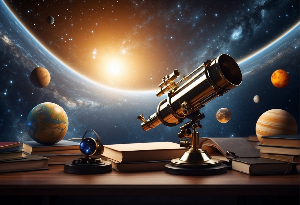 A cosmic backdrop with planets, stars, and galaxies. A telescope and books on astronomy and science. A captivating blend of education and entertainment