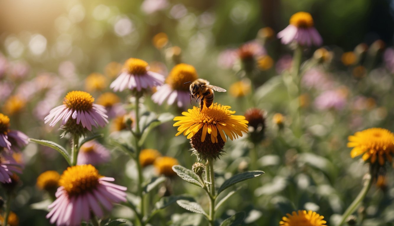 A vibrant garden filled with colorful flowers and buzzing bees, showcasing the diverse ecosystem supported by the important role of bees in pollination