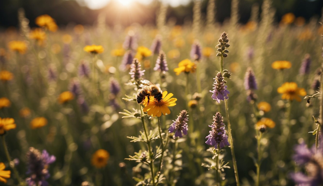 A colorful field of wildflowers with bees buzzing around, collecting nectar and pollinating the blossoms.

The sun shines brightly, highlighting the vital role of bees in the ecosystem