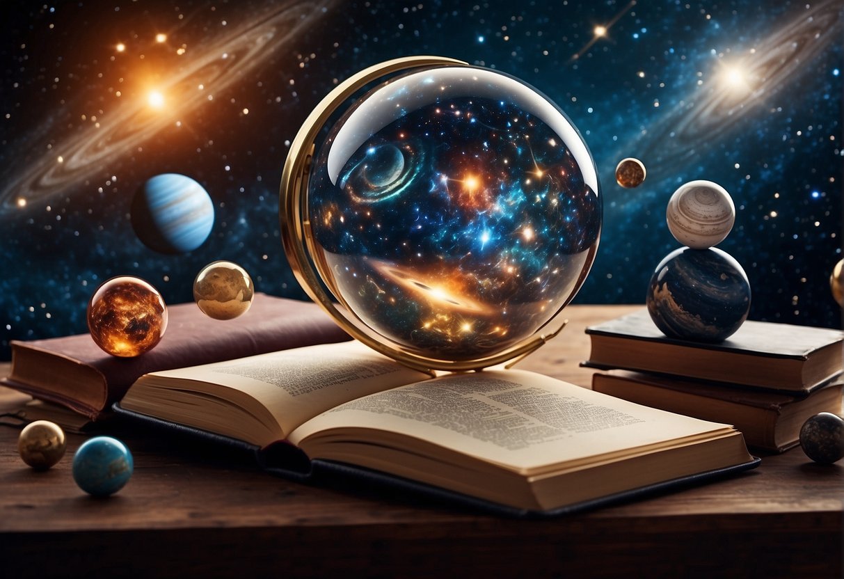 A cosmic backdrop with planets and stars, with books and educational tools orbiting around them, representing the influence of Sagan and Tyson in educating through entertainment
