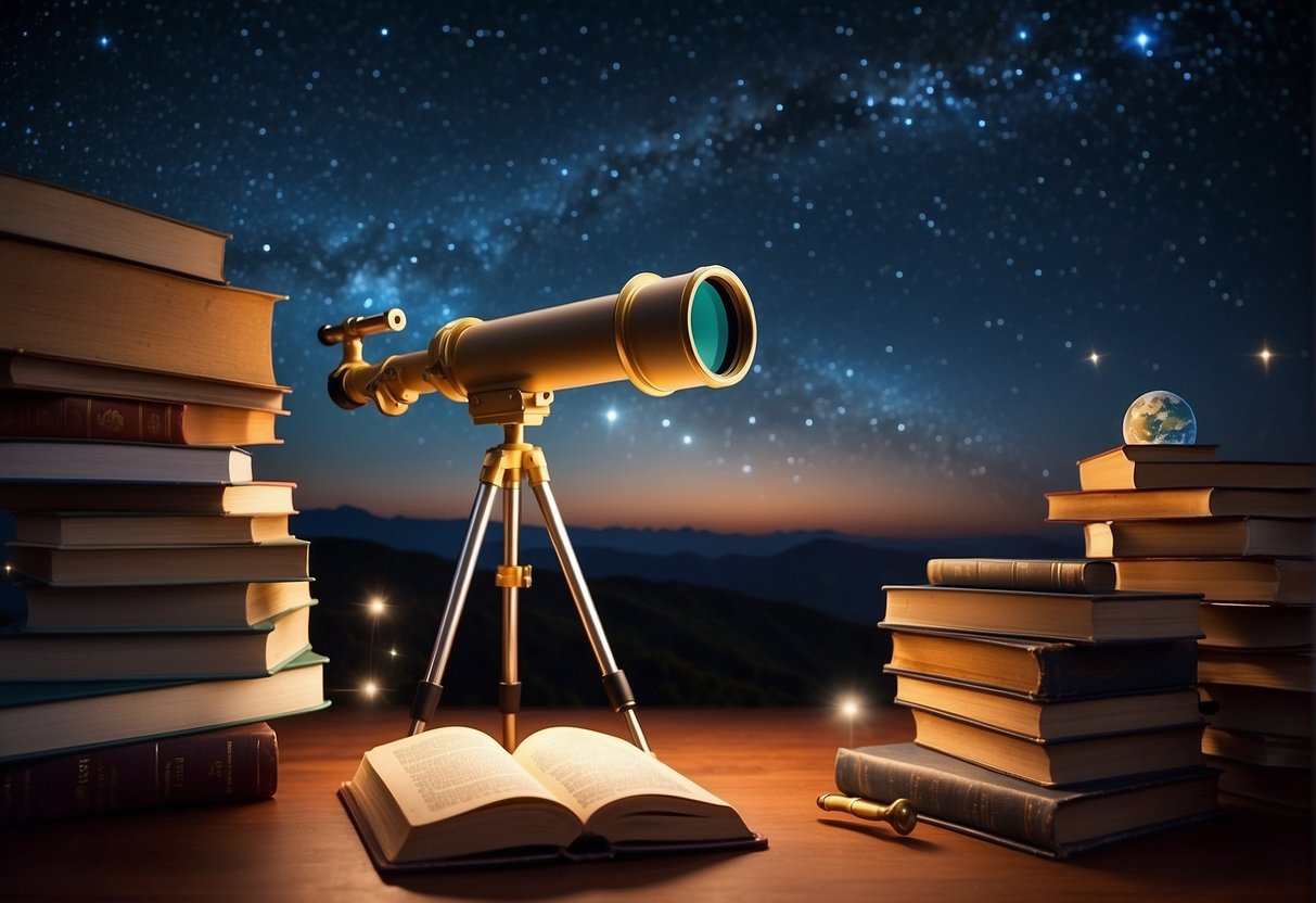 A star-filled night sky with a telescope pointing upwards, surrounded by books and scientific instruments, symbolizing the educational and cultural impact of the Cosmos series