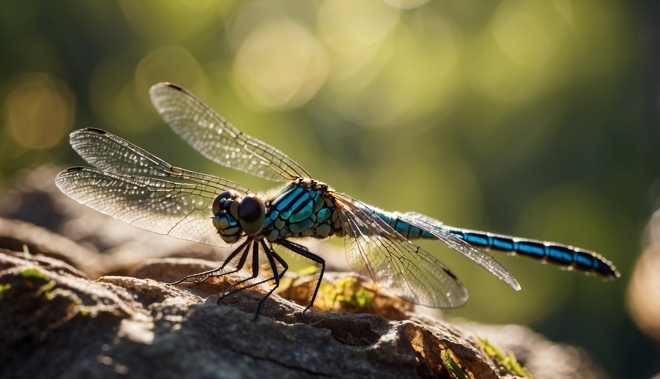 Dragonflies dart and weave through the air, their iridescent wings shimmering in the sunlight as they hunt for prey