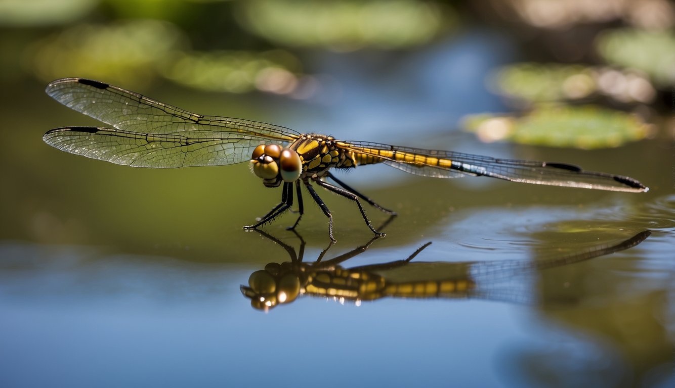 A dragonfly hovers above a pond, its iridescent wings shimmering in the sunlight.

Its sleek body and large compound eyes give it a futuristic, fighter jet-like appearance