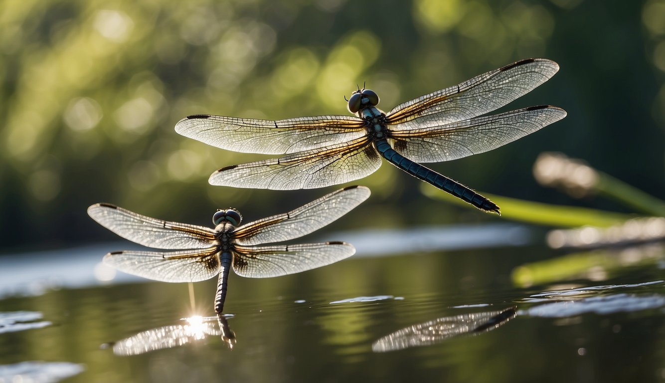 Dragonflies dart over a shimmering pond, their iridescent wings glinting in the sunlight.

Their swift, agile movements make them appear like speedy jet fighters, showcasing their importance as environmental indicators