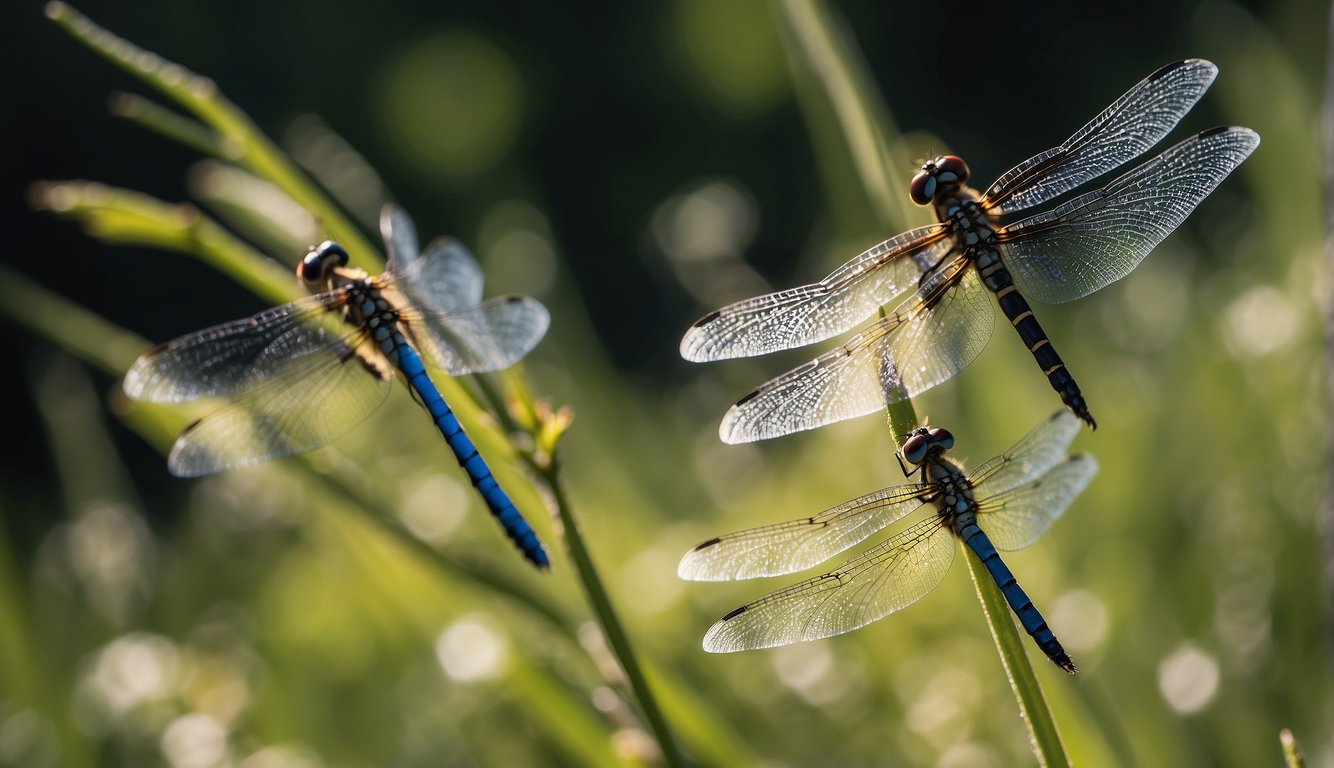 Dragonflies darting through the air, their iridescent wings shimmering in the sunlight as they zip around like speedy jet fighters in the insect world