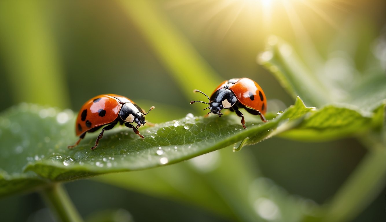 Ladybugs crawl on vibrant green leaves, sipping nectar from delicate flowers.

Sunlight filters through the leaves, casting a warm glow on the tiny insects
