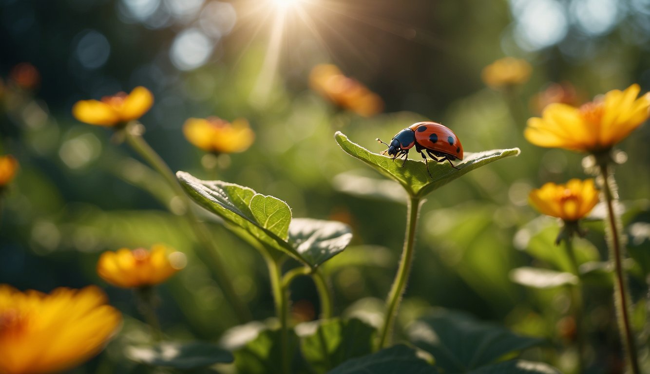 A lush garden filled with vibrant flowers and greenery, with ladybugs crawling on leaves and petals.

Sunlight filters through the foliage, illuminating the hidden world of these colorful beetles