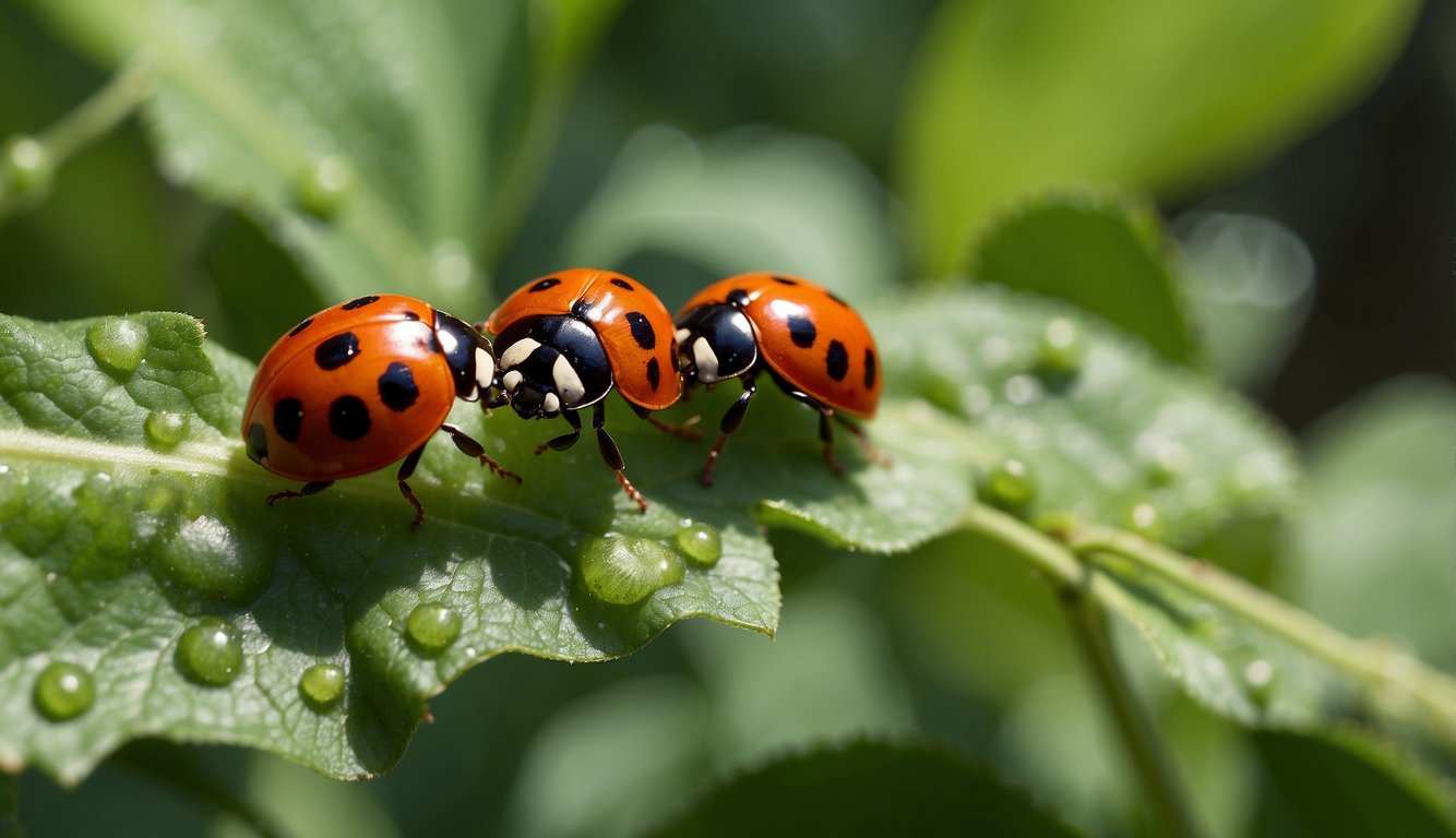 Ladybugs crawl across green leaves, feasting on aphids.

A garden thrives thanks to their pest control