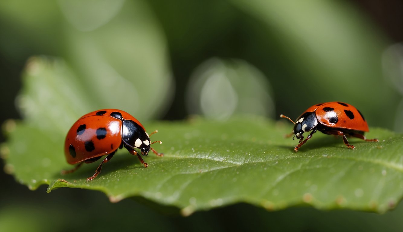 Ladybugs crawling on green leaves, with one ladybug munching on an aphid.

Another ladybug resting on a flower petal