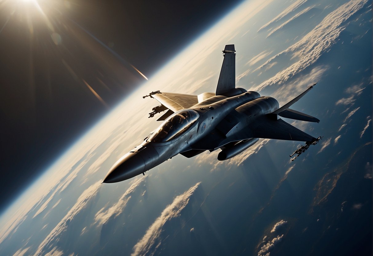 A fighter jet maneuvers through a zero-gravity environment, plotting its path to outmaneuver an opponent in an intense aerial combat scene