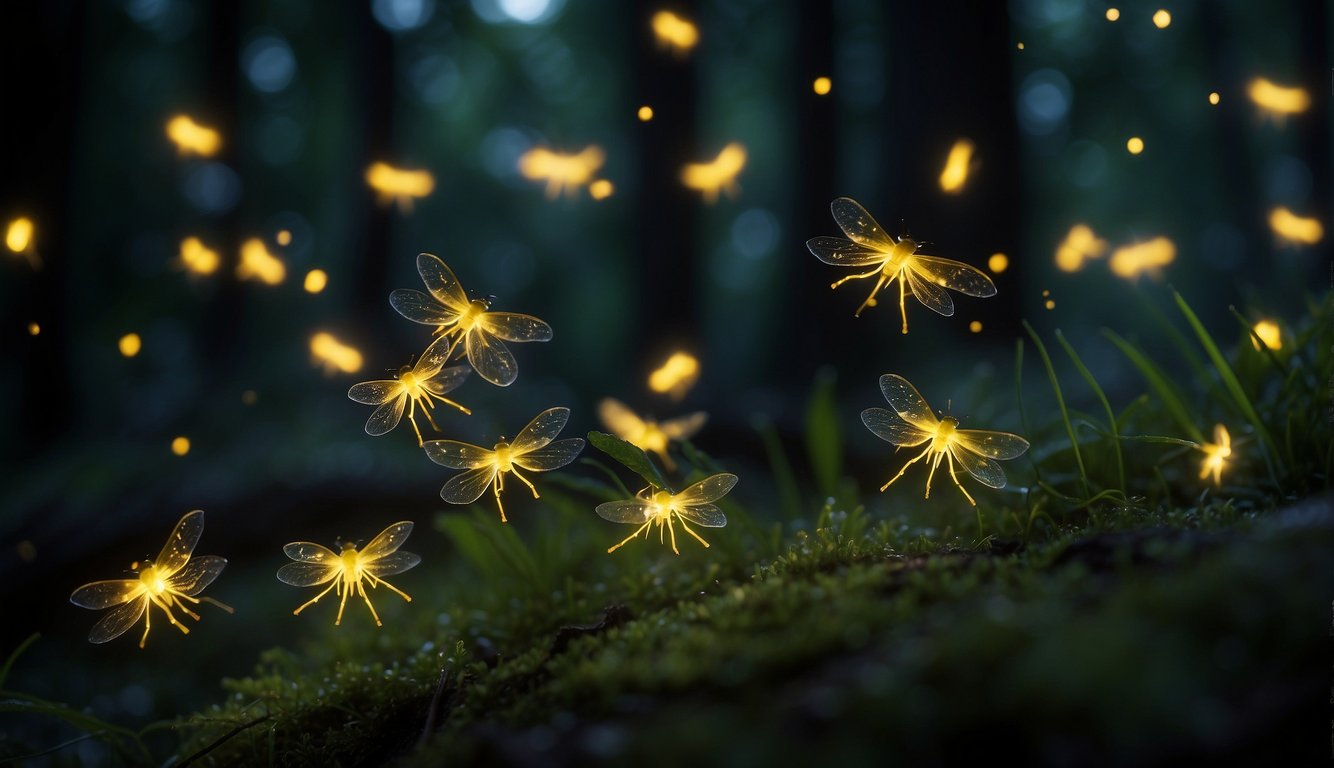 Fireflies gather in a dark, wooded area, their glowing bodies creating a mesmerizing display.

Males emit flashes of light to attract females, while others communicate through gentle pulsing patterns